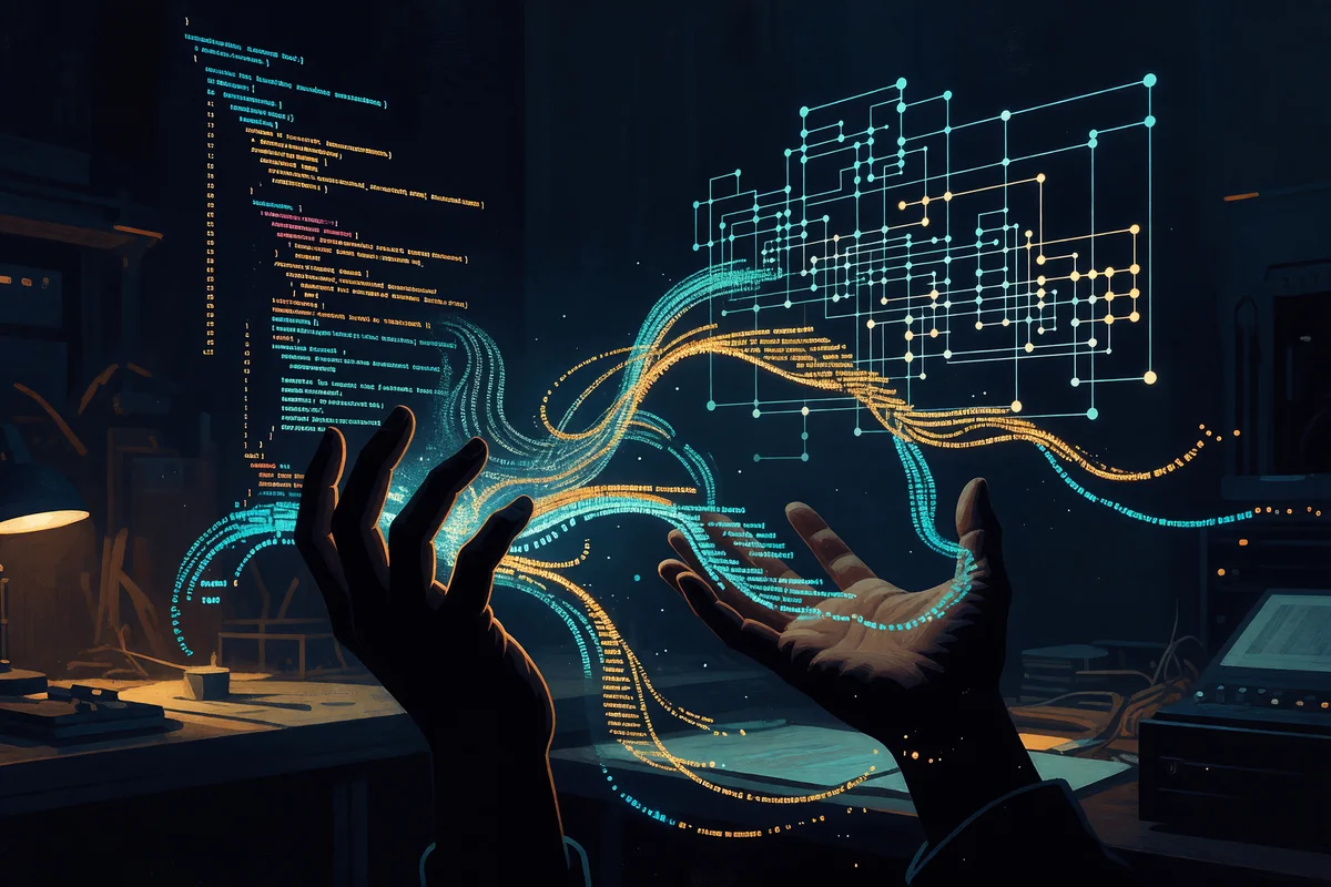Silhouetted hands directing glowing streams of code that assemble into software architecture