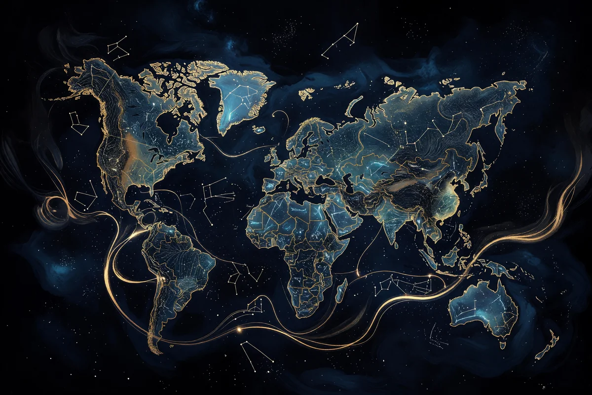 An antique star chart and hand-drawn map fused into one glowing atlas of connected ideas