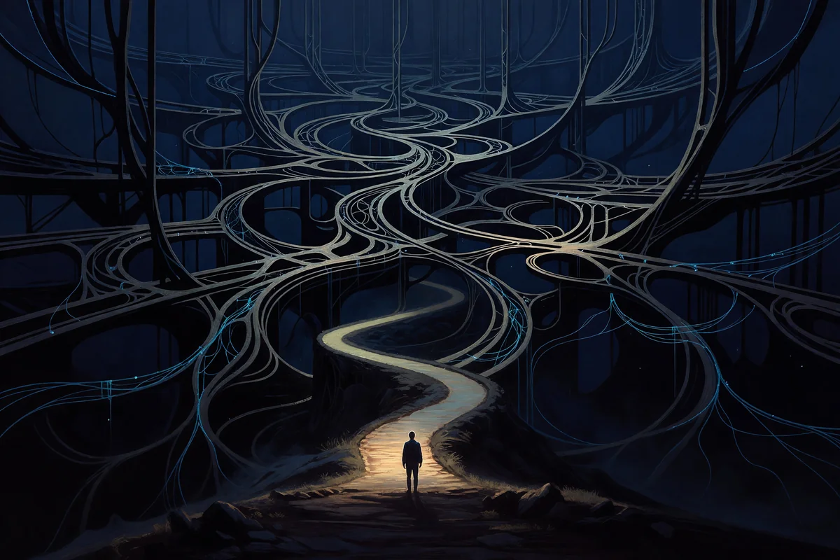 A lit path winding into a vast structure of interconnected systems, a trailhead into complexity