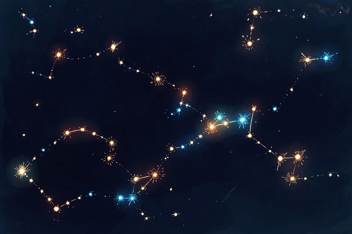 Scattered sparks and fragments of light connecting into loose constellations